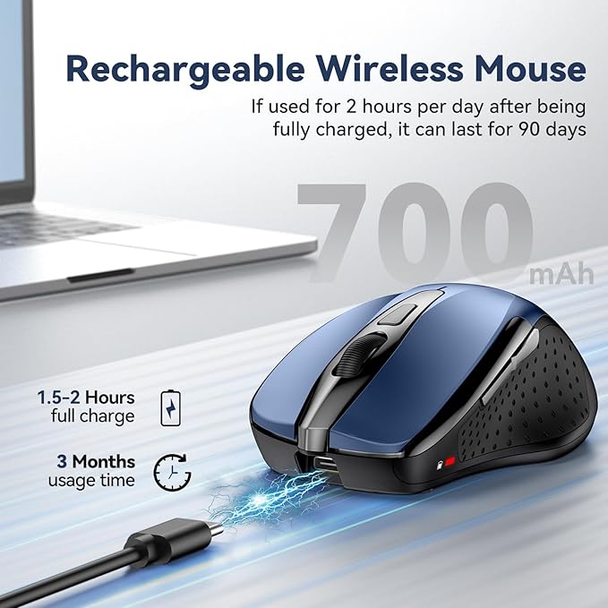 TechRise Bluetooth Mouse (BT5.0/3.0 & 2.4G) Rechargeable Wireless Mouse, 4800 DPI Optical Tracking, 6 Adjustable DPI, 2.4GHz with USB A Receiver, Quiet Clicks, Ergonomic Grips, 6 Buttons - Blue
