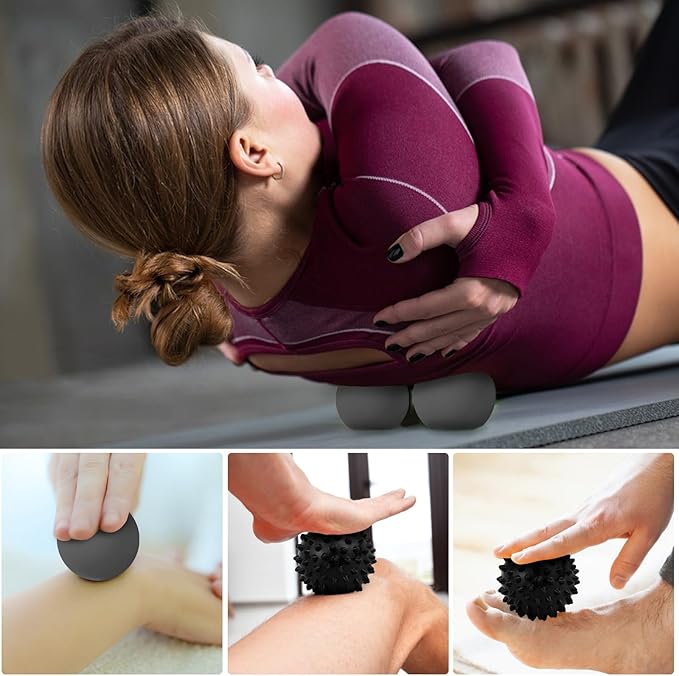 Massage Lacrosse Ball, Spiky Massage Ball, for Deep Tissue, Trigger Point and Myofascial Release, Muscle Knots, and Yoga Therapy (Black-Grey)