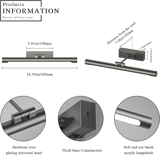 Joosenhouse Battery Operated Picture Light Rechargeable Gallery Light with Remote Control Dimmable and Timer Off Adjustable Swing Arm Brushed Grey 16.53in Wireless Wall Lights for Picture Display