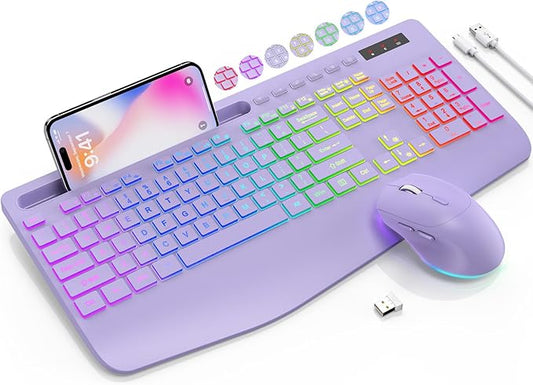 SABLUTE Wireless Keyboard and Mouse Combo, 9 Backlit Effects, Wrist Rest, Phone Holder, 2.4G Lag-Free Ergonomic Keyboards, Rechargeable Silent Cordless Set for Computer, Laptop, Mac, Windows（Purple）