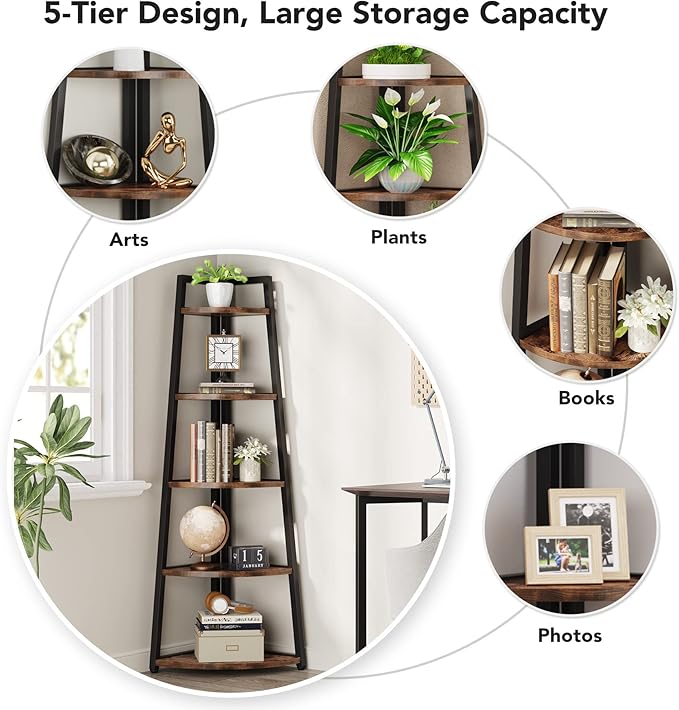 Tribesigns 70 inch Tall Corner Shelf, 5 Tier Rustic Corner Bookshelf Bookcase Industrial Corner Ladder Shelf Plant Stand for Living Room, Kitchen, Home Office (Brown)