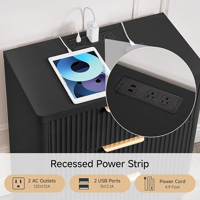 Fluted Nightstand with Charging Station, 23'' Modern Side Table with 3 Large Storage Drawers, Wide Night Stand Bedside End Table Tall Wooden Dresser for Bedroom