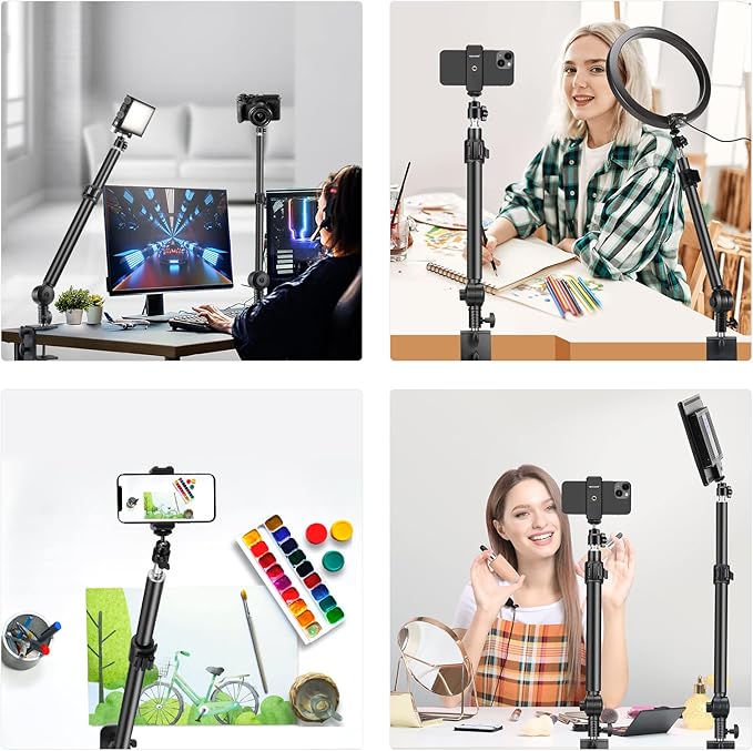 NEEWER Camera Desk Mount Stand 225° Tilt & 360° Swivel 17.7"-24.8" Tabletop Desktop Light Stand Adjustable Table Top Stand C Clamp Ball Head Screw for Ring Light DSLR Phone Overhead Photography 2 Pack