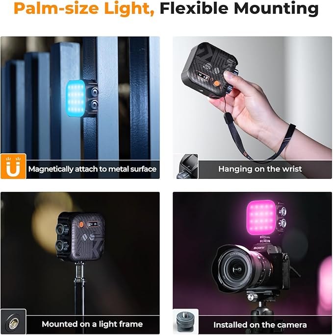 K&F CONCEPT RGB Video Light, 360° Full Color Portable Photography Light, LED Camera Light w 21 Light Effects, 2500K-9900K CRI 96+, 2000mAh Rechargeable Photography Lighting for Vlogging, Selfie, Black