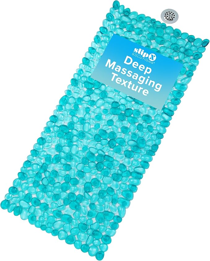 SlipX Solutions Non-Slip Pebble Bath Mat for Shower & Bathtub 38x17 | River Rock Look | Accupressure | Massage Bath Mats for Tub | 188 Suction Cups | Machine Washable, Aqua Pebbles