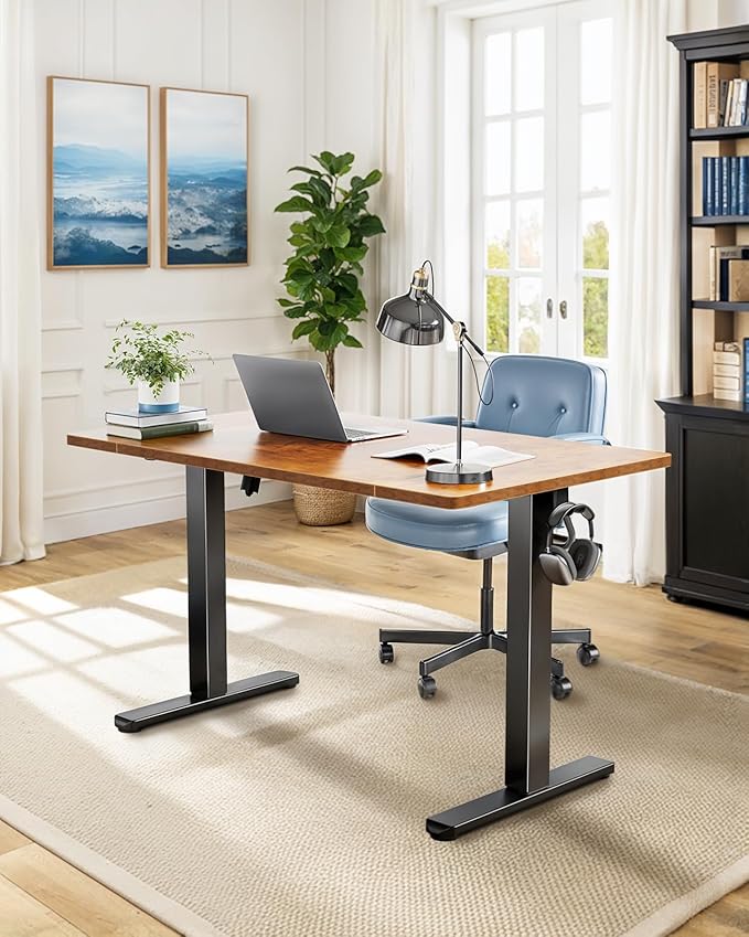 HUANUO 48 x 24 inch Electric Standing Desk, Height Adjustable Table with Headphone Hooks & Cable Manager, Sit to Stand up Desk for Home Office, Vintage Brown