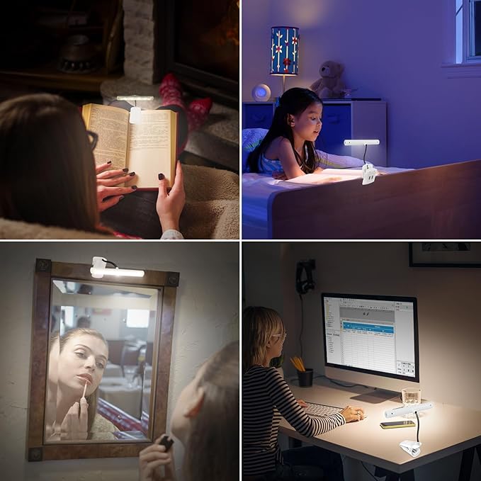 BIGMOANT Battery Operated Book Light, Reading Light with Clip, Eye Care Book Light, 2 Adjustable Brightness Set, Flexible Metal Neck, Perfect for Book Lovers (White, 2 Pack)
