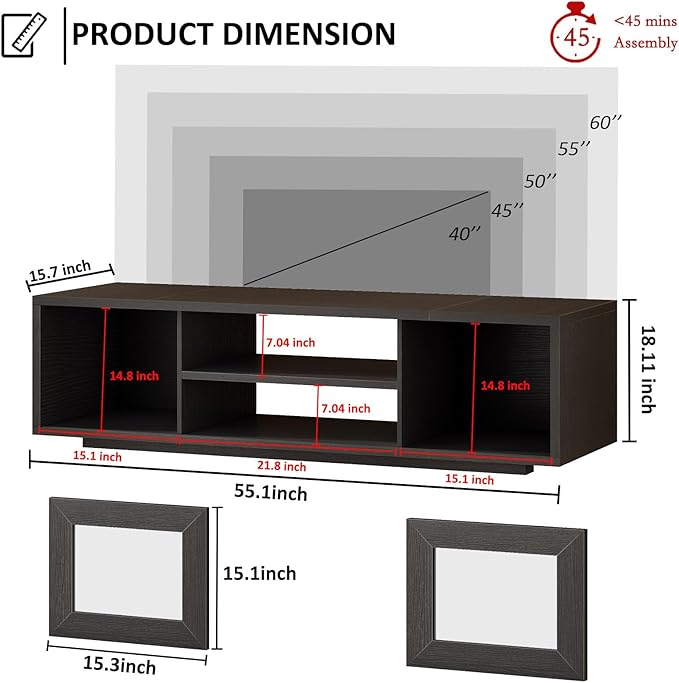 HSH Black TV Stand 55 Inch，Entertainment Center for Bedroom and Under TVs Cabinet with Storage,Modern TV Console with Sliding Doors for 60" TVs,Media Console for Living Room