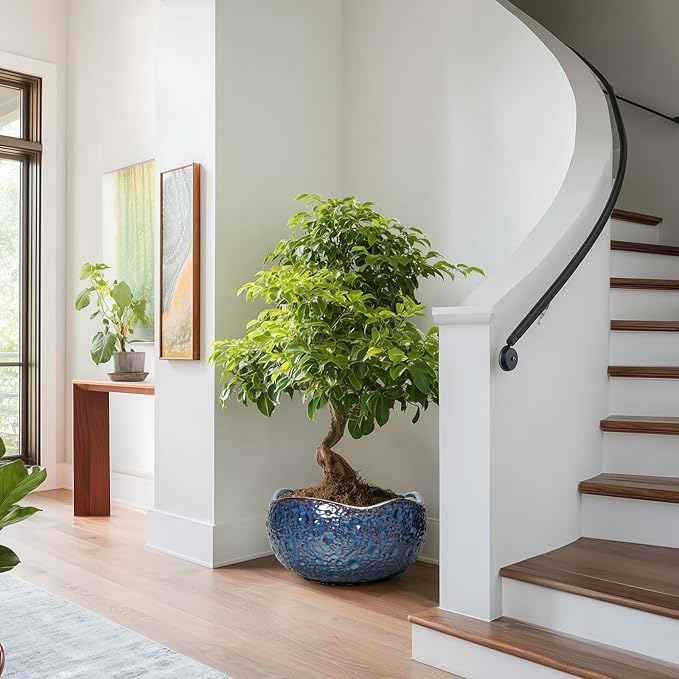 Bonsai Pots - 13 Inch Large Ceramic Planter for Indoor Outdoor, Round Decorative Plant Pots with Drainage Hole, Modern Unique Flower Pots, Patio Decor, Housewarming Gifts, Retro Blue