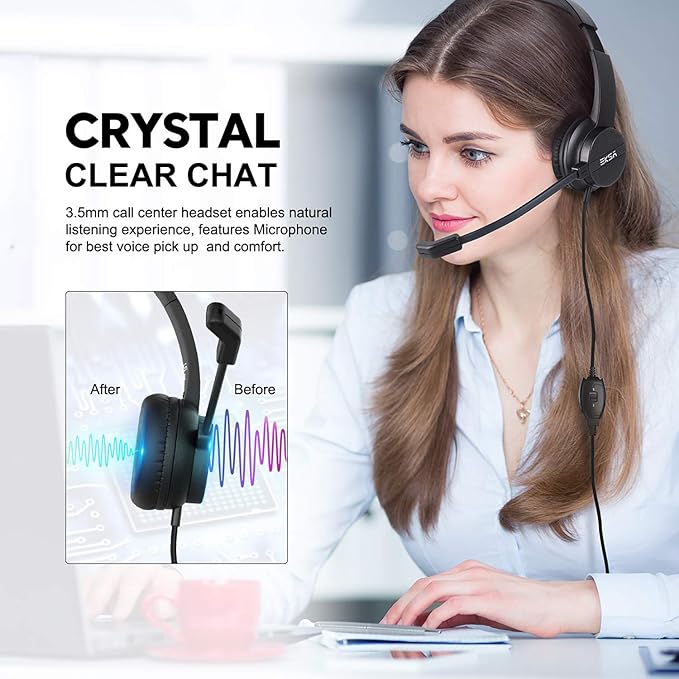 EKSA Wired Headset with Mic, Computer Headset with Microphone for PC, 3.5mm Headset with Mic with Noise Cancelling for PC/Laptop/Call Center/Work/Office, Lightweight Comfortable On Ear Headphones