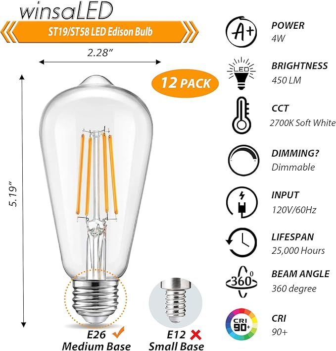 12 Pack Dimmable LED Light Bulbs 40 Watt Equivalent, Vintage E26 Edison Bulbs, 2700K Soft Warm White 4W LED Bulbs, Antique Filament Decorative Light Bulbs for Light Fixtures