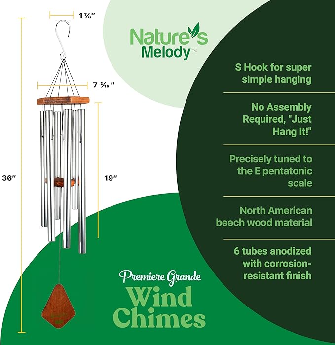 Nature’s Melody Premiere Grande Tunes Wind Chimes – Outdoor Windchime with 6 Tubes Tuned to E Pentatonic Scale, Rustproof Aluminum, Beech Wood & S Hook Hanger for Sympathy, Memorial Gift or Zen Garden