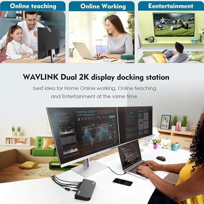WAVLINK USB 3.0 and USB C Universal Docking Station Dual Video Monitor Display DVI HDMI VGA Gigabit Ethernet, Audio, 6 USB Ports for Laptop, Ultrabook and PCs