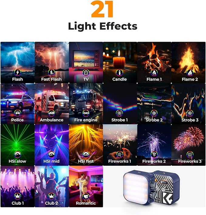 K&F CONCEPT RGB Video Light, 360° Full Color Portable Photography Light, LED Camera Light w 21 Light Effects, 2500K-9900K CRI 96+, 2000mAh Rechargeable Photography Lighting for Vlogging, Selfie, Blue