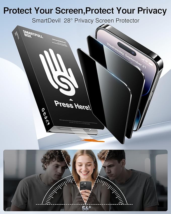 SMARTDEVIL 2 Pack for iPhone 14 Pro Privacy Screen Protector, Military Grade Shatterproof, 9H Hardness, Anti-Spy Tempered Glass, Fast & Easy Instlltion, Case Friendly