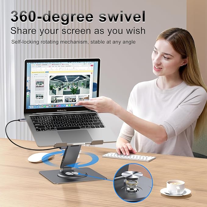 Laptop Docking Station Stand Dual Display 4K HDMI USB3.0 3.5mm Audio Jack 8-IN-1 360° Swivel Laptop Stand for Desk with USB-C Hub Multiport Adapter Universal for MacBook Pro/Air/Dell/HP/Surface/Lenovo