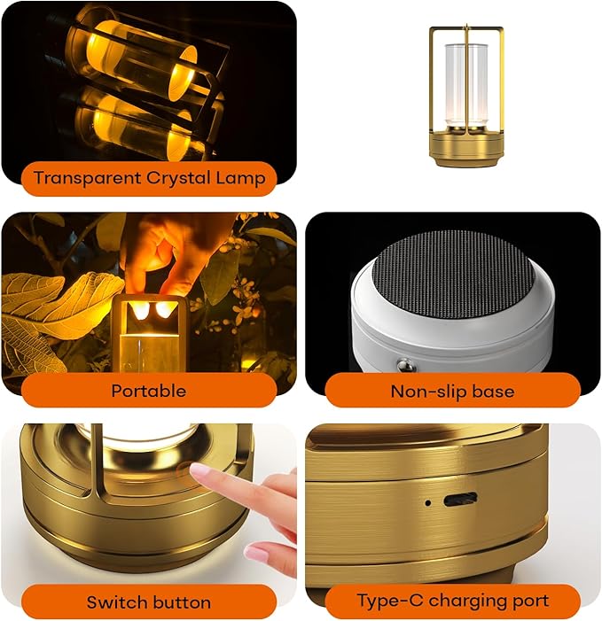 Portable Outdoor Table Lamp, Cordless Dimmable Touch Table Light, Rechargeable Battery Operated Small Lamp with 3 Colors and Brightness Control for Bedroom/Patio/Camping/Bar/Coffee Shop (Gold)