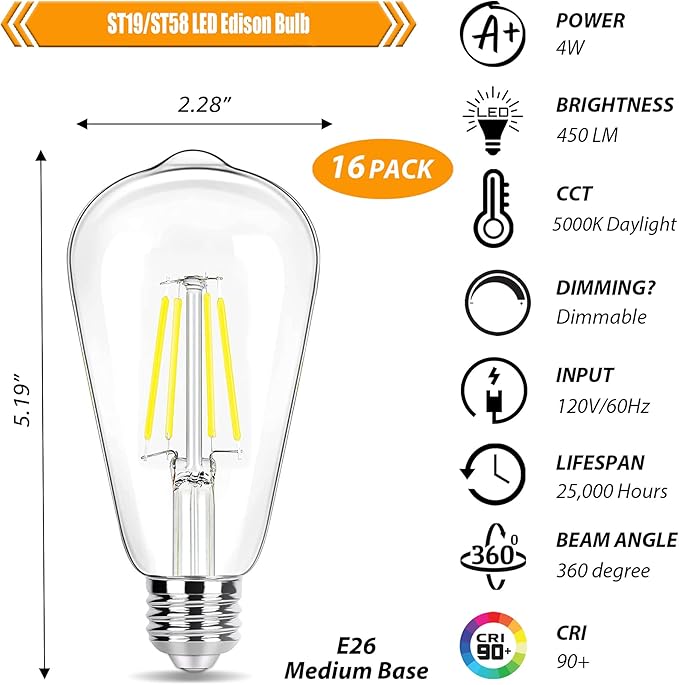 16 Pack LED Edison Bulbs 40W Equivalent, Dimmable 4W LED Filament Bulb, 5000K Daylight ST19 Light Bulb, 450LM E26 Vintage Bulbs for Ceiling Light Fixtures