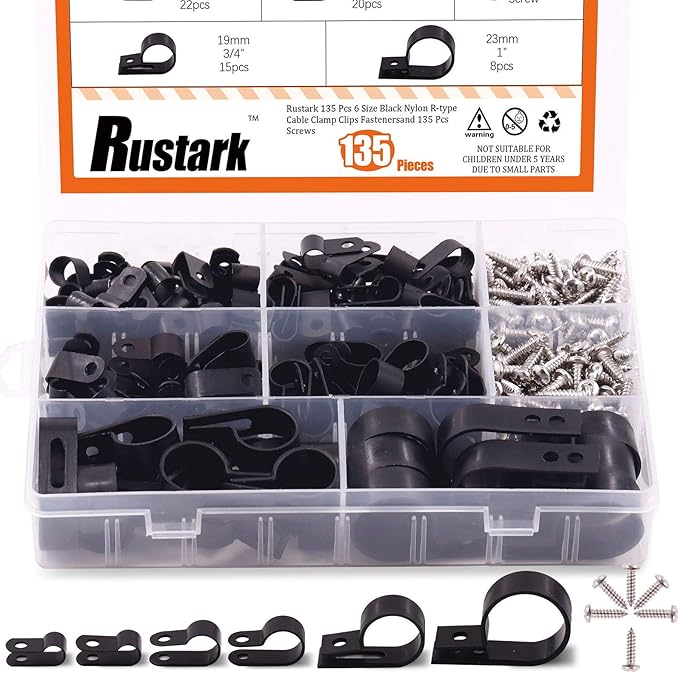 135 Pcs 6 Size Black Nylon R-Type Cable Clamp Clips Fasteners Assortment kit with Mounting Screw and 135 Pcs Screws Organizer Cord Clips for Wire Management