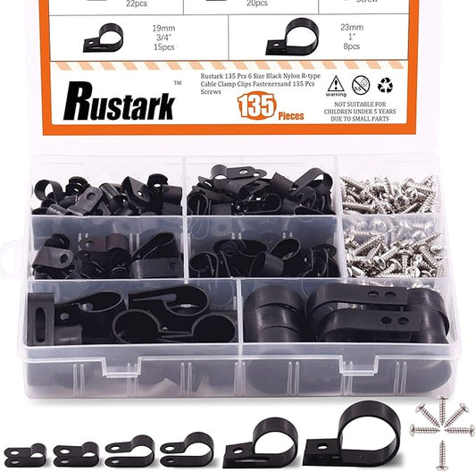 135 Pcs 6 Size Black Nylon R-Type Cable Clamp Clips Fasteners Assortment kit with Mounting Screw and 135 Pcs Screws Organizer Cord Clips for Wire Management