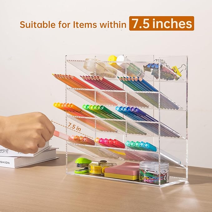 BEYGORM Acrylic Vertical Marker Organizer for 150 Markers with 13 Compartments, Clear Angled Pen & Pencil Holder, Large Desk Stationery & Art Supply Storage for Office & School (10.2 x 9.8 x 4 Inch)