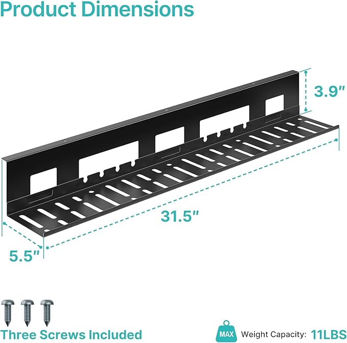 Under Desk Cable Management Tray, 31.5 Inches Metal Cord Organizer Rack, Desk Tray for Power Strip, Cord, Wire, Easy Mounting Cable Management Under Table for Home Office, Black