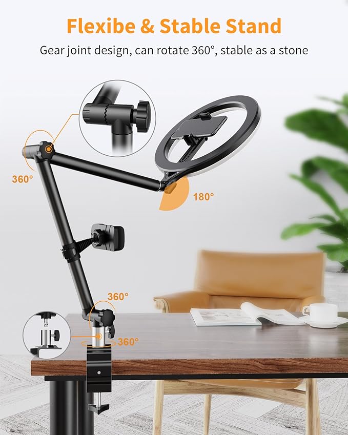 Ring Light with Stand and Phone Holder, USB 10" Ring Light for Desk, Overhead Camera Mount with Ringlight, Desk Lamp with Clamp for Photography/Makeup/Live StreamVideo/YouTube