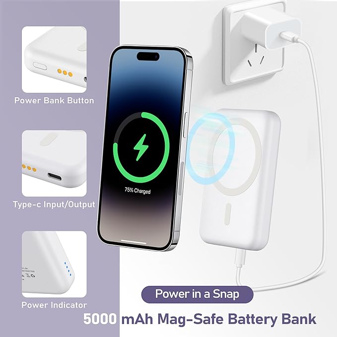 3 in 1 Wireless Charging Station: 5000mAh Removable Power Bank Charger Stand for iPhone/Apple Watch/Airpods - Portable Magnetic Battery Pack for Air 17 16 15 14 13 12 Series White