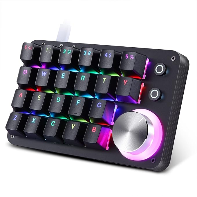 Koolertron 24 Keys Programmable Keyboard，One Handed Macro Mechanical Keyboard, RGB LED Backlight Red Switch USB Portable Keyboard with Fully Knobs, 24 Keys Macro Pad for Gaming