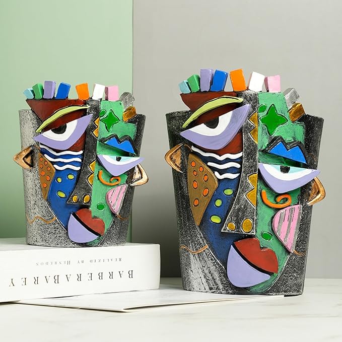 Picasso Face Planter Pots Abstract Art Colorful Flower Vase with Drainage Hole Unique Head Flower Pots for Home Balcony Decoration (Small)