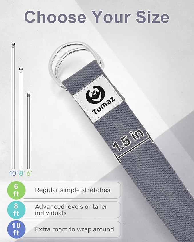 Tumaz Yoga Strap/Stretch Bands [15+ Colors, 6/8/10 Feet Options] with Extra Safe Adjustable D-Ring Buckle, Durable and Comfy Delicate Texture - Best for Daily Stretching, Physical Therapy, Fitness