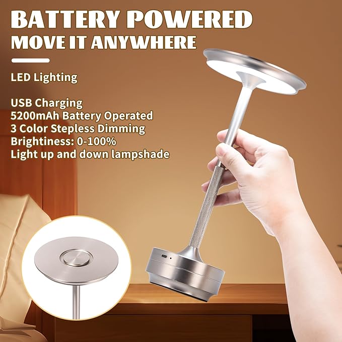 Rechargeable Cordless LED Table Lamps Touch Sensor Light, 3-Levels Portable Dimming Wireless Battery Operated Lamp，Nightstand Lamp/Night Light/Restaurant Table/Outdoor/Coffee/Bar (Silver)