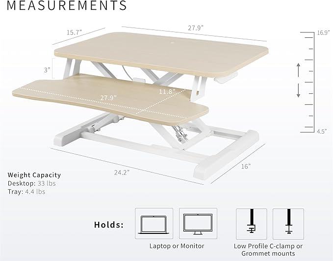 VIVO 28 inch Desk Converter, K Series, Height Adjustable Sit to Stand Riser, Dual Monitor and Laptop Workstation with Keyboard Tray, Light Wood Top, White Frame, DESK-V028KF