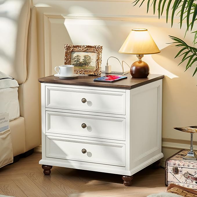 Farmhouse Nightstand Set of 2 with Charging Station, 24" Wide End Table with 3 Drawers,Dresser for Bedroom,Bed Side Table Chest of Drawers Cabinet,Wood White Night Stand for Living Room