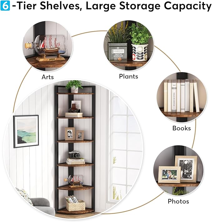 Tribesigns 6 Tier Corner Shelf, 70.9 Inch Tall Corner Bookshelf Small Bookcase Rustic Corner Shelving Unit Storage Rack for Living Room, Home Office, Kitchen, Small Space