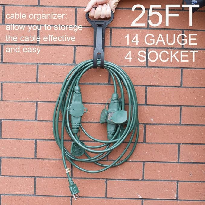 25FT 14 Gauge Outdoor Power Extension Cord,Four Outlet Cable.Multiple Evenly-Spaced Plug Ideal for Landscaping Light,Stage Backline,Holiday decoratio,ETL Listed Cord Splitter…