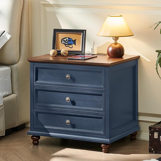 Farmhouse Nightstand with Charging Station, 24" Wide End Table with 3 Drawers,Blue Wood Dresser for Bedroom, Bed Side Table Chest of Drawers Cabinet,Night Stand for Living Room, Closet