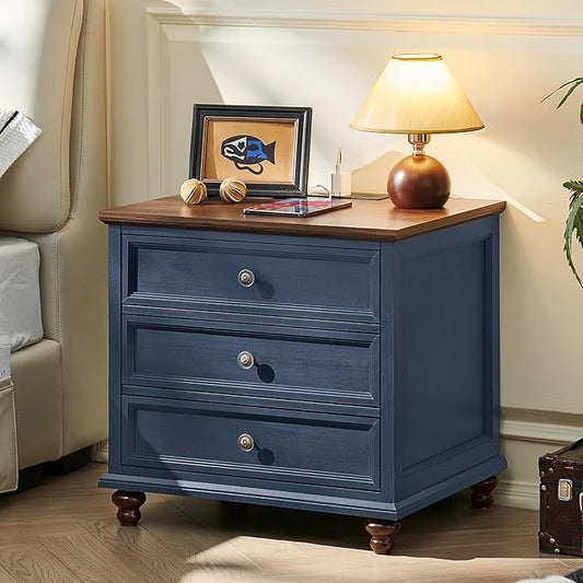 Farmhouse Nightstand with Charging Station, 24" Wide End Table with 3 Drawers,Blue Wood Dresser for Bedroom, Bed Side Table Chest of Drawers Cabinet,Night Stand for Living Room, Closet