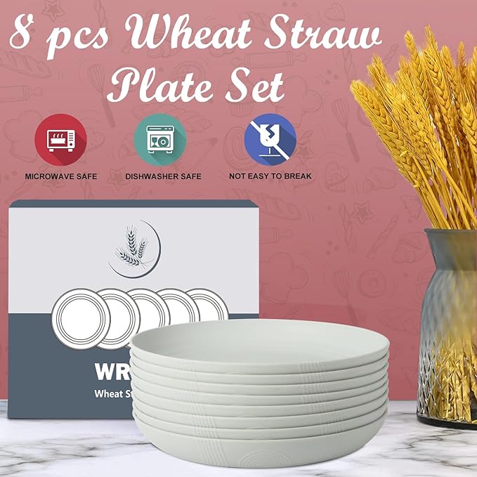 Wheat Straw Plates - 10 Inch Unbreakable Dinner Plates Set of 8 - Dishwasher & Microwave Safe Plastic Plates Reusable for Kitchen and Camping (Light Grey)