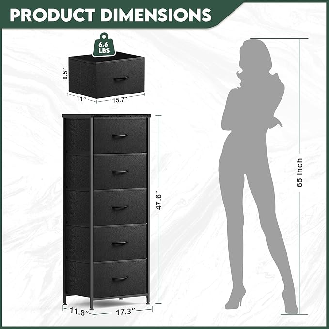 5 Fabric Drawer Dresser for Bedroom, Chest of Drawers with Waterproof Wood Top Tall Dresser for Hallway, Living Room, Kid Room (Charcoal Black)