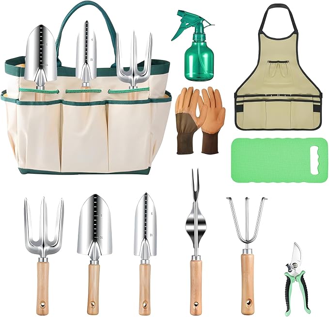 Gardening Tool Set, 11-Piece Stainless Steel Heavy Duty Gardening Hand Tools with Rust-Proof, Non-Slip Grip and Storage Tote Bag, Gardening Gifts for Women, Men