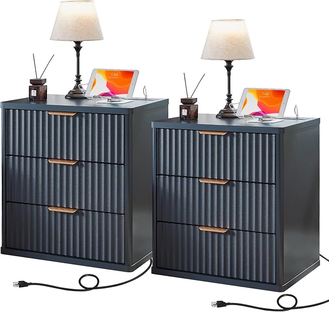 LEYAOYAO 23" Wide Fluted Farmhouse Night Stand Set of 2 with Charging Station, 3 Drawers Large End Table w/Metal Handle,Nightstand Bedside Table,Wood Dresser for Bedroom, Closet,Blue