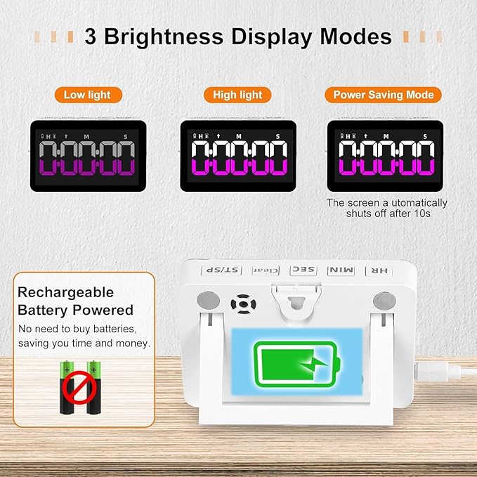 Kitchen Digital Timer, Count Down Up, Rechargeable, Vibration Mode Adjustable Volume and Brightness LED Display, Time Management Cook, Desk, Kids Adults Study Teaching, Kitchen Gadgets