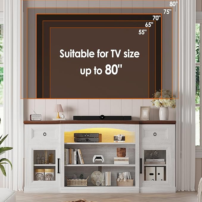 Farmhouse TV Stand, 70" Modern TV Stand with LED Lights & Outlet, 2 Drawers, Transparent Doors, Entertainment Center with Adjustable Shelves for Fireplace(36" Wx15 H), Antique White