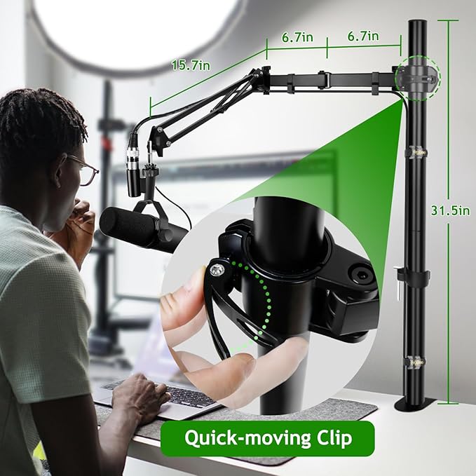 Mic Boom Arm, Adjustable Height Overhead Microphone Stand with Heightened Extension Riser for Shure SM7B Blue Yeti HyperX QuadCast S and other Mic