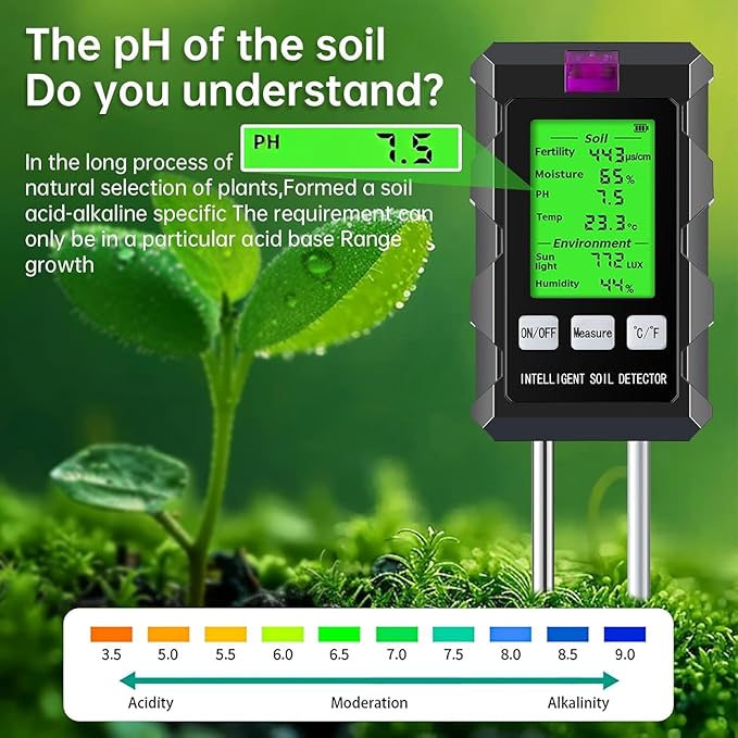 6-in-1 Soil Moisture Meter/Soil Moisture/PH Meter/Temperature/Sunlight/Fertility/Environmental Soil Tester for Farming, Gardening, Lawns and Outdoor Plants (2*AAA Battery Needed)