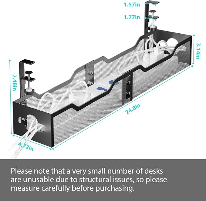 Under Desk Cable Management Tray 24.8", Quszmd Cable Organizer No Drill, Standing Cord Organizer and Wire Management Tray - No Damage to Desk, Black