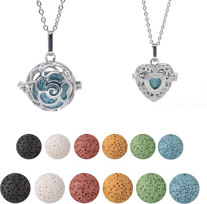 2PCS Essential Oil Diffuser Necklace Aromatherapy Lava Bead Stone Little Love Heart and Hollow Ball Locket Necklace Pendant with for Women