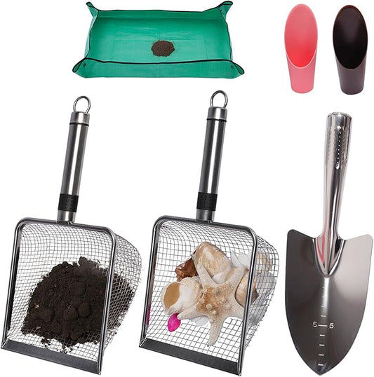 6-Pack Gardening Tool Set: Soil Sifter (3.8&5mm Mesh), Garden Trowel, Soil Scoops & Repotting Mat - Stainless Steel Sifter Shovel for Sand, Dirt, Compost, Rock, Beach, Shells, Shark Tooth & Cat Litter