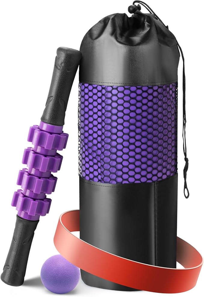 5 in 1 Foam Roller Set - Trigger Point Foam Back Roller, Muscle Roller Stick, Massage Ball, Stretching Band for Deep Muscle Massage Pilates Yoga,Fitness Exercise for Whole Body Release (Purple)
